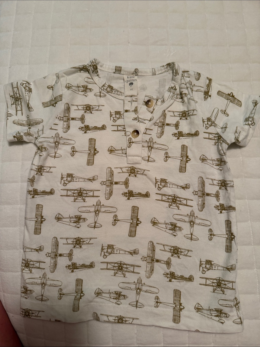 kate quinn White & Tan Airplane Henley Tee